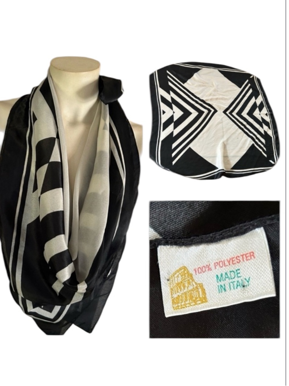 Vintage Black & White Geometrical Print Silk Scarf